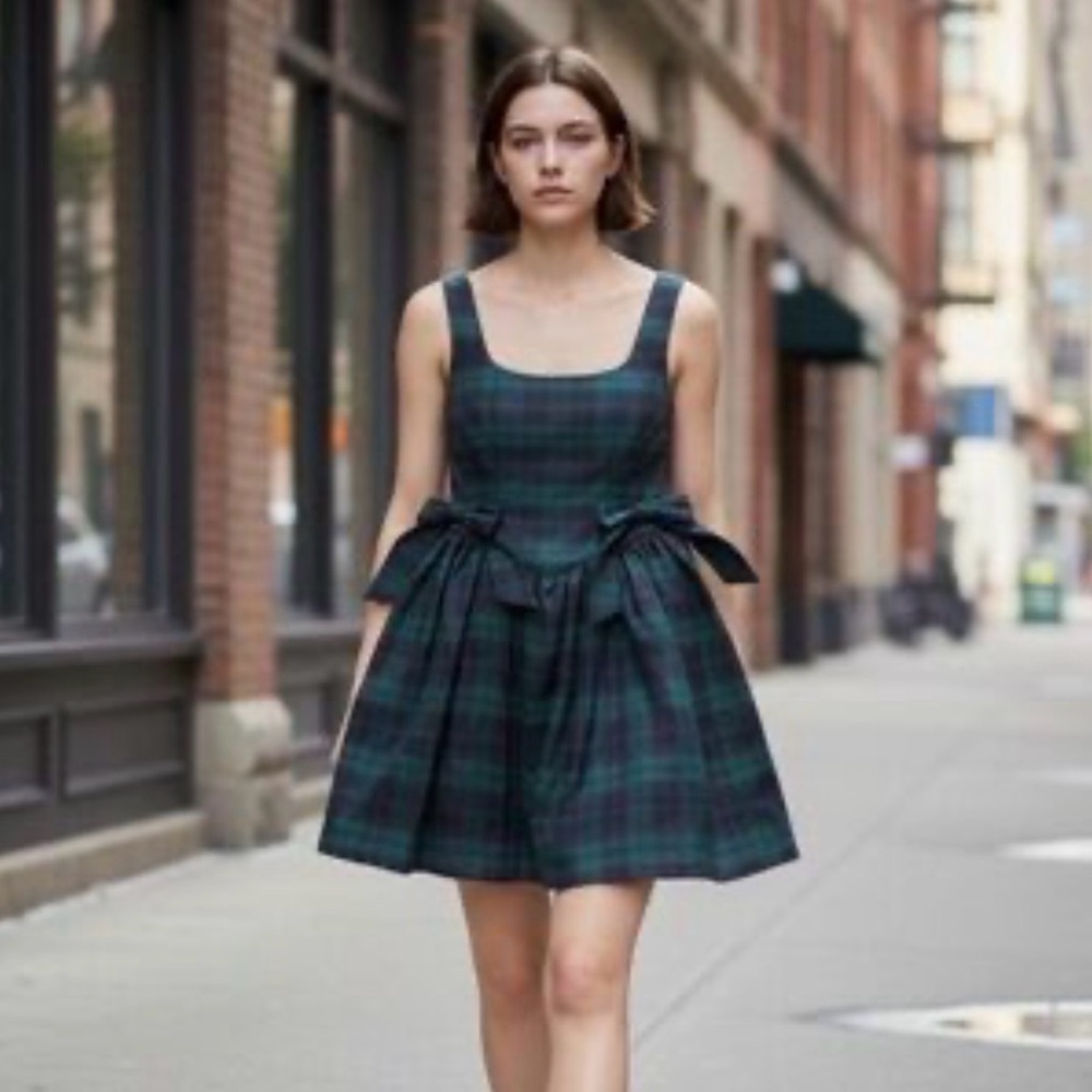 Avec Les Filles Green and Black Plaid Mini Dress